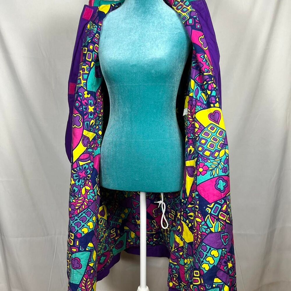 Vintage 80s Maxi Trench Coat Purple Neon Lining Funky‎ Vibrant Small Retro